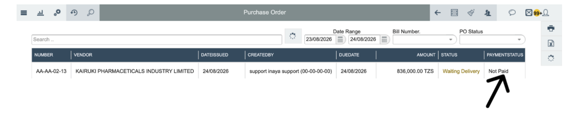 Purchase Orders list showing Not Paid status