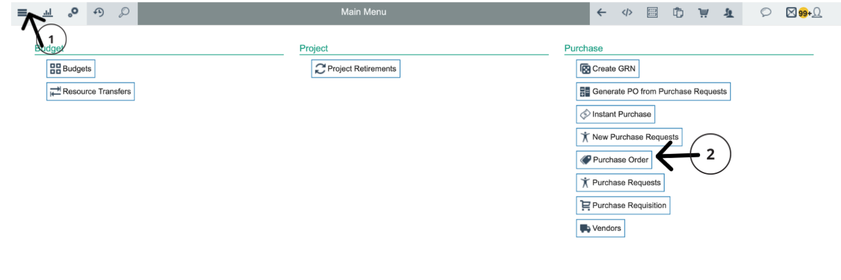 Main Menu showing Purchase and Purchase Order navigation