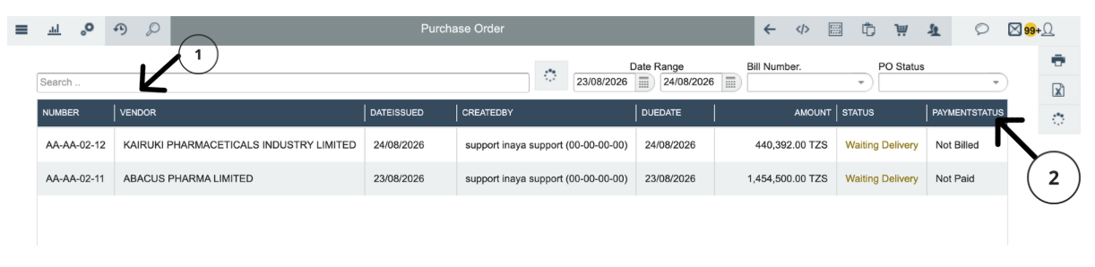 Purchase Orders with status columns