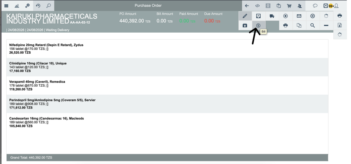 Purchase Order details showing PO Amount and items