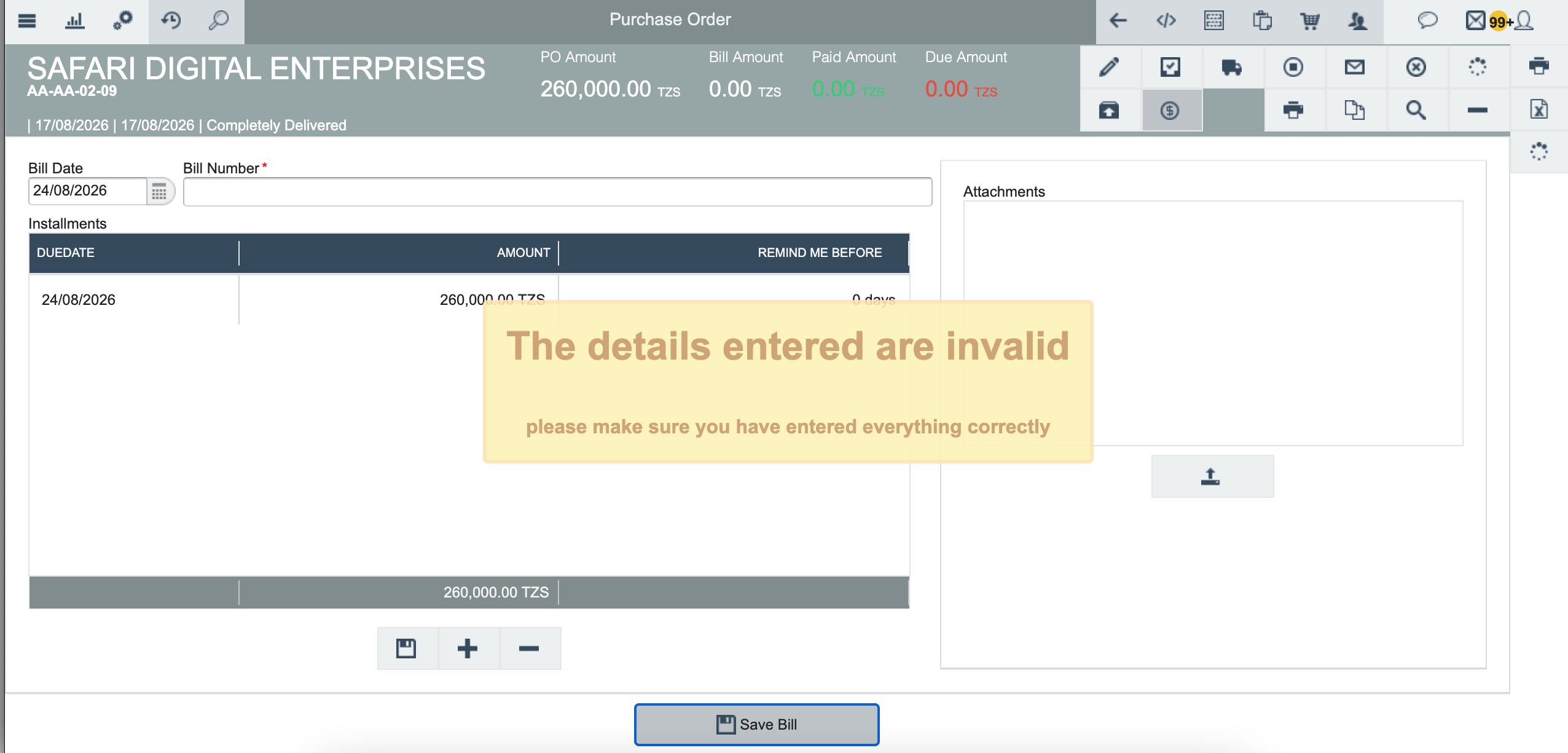Invalid details entered error message