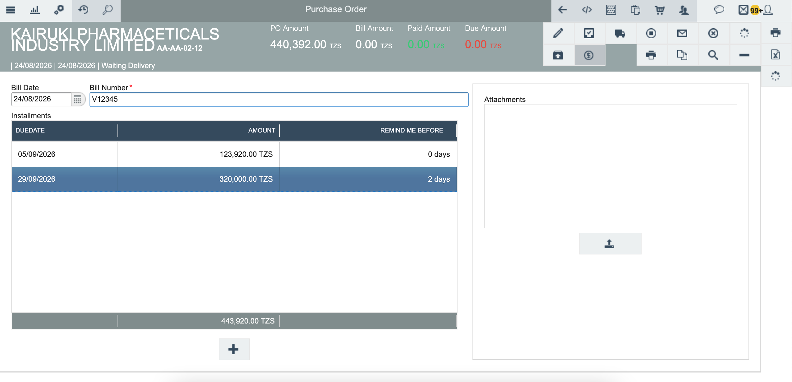 Validation error when installments don't match PO amount