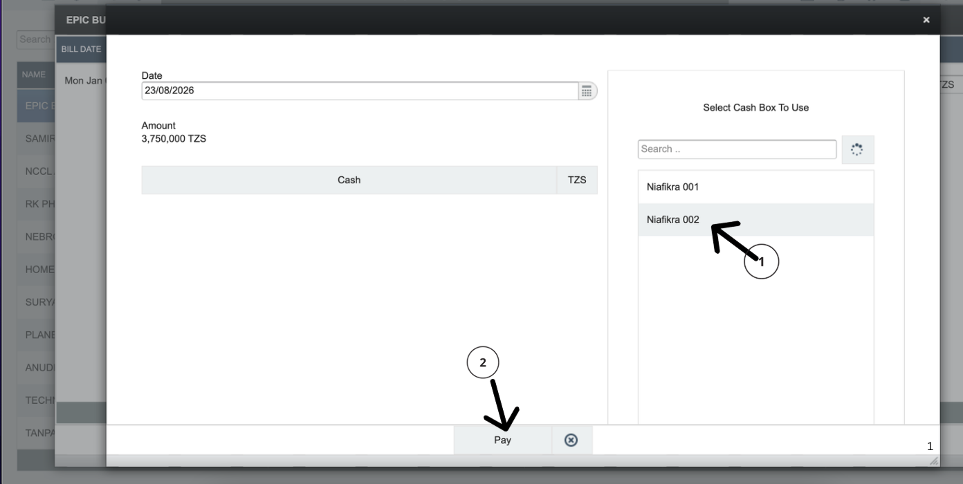 Payment dialog showing vendor details