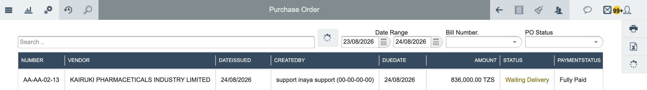 Purchase Orders list showing Fully Paid status