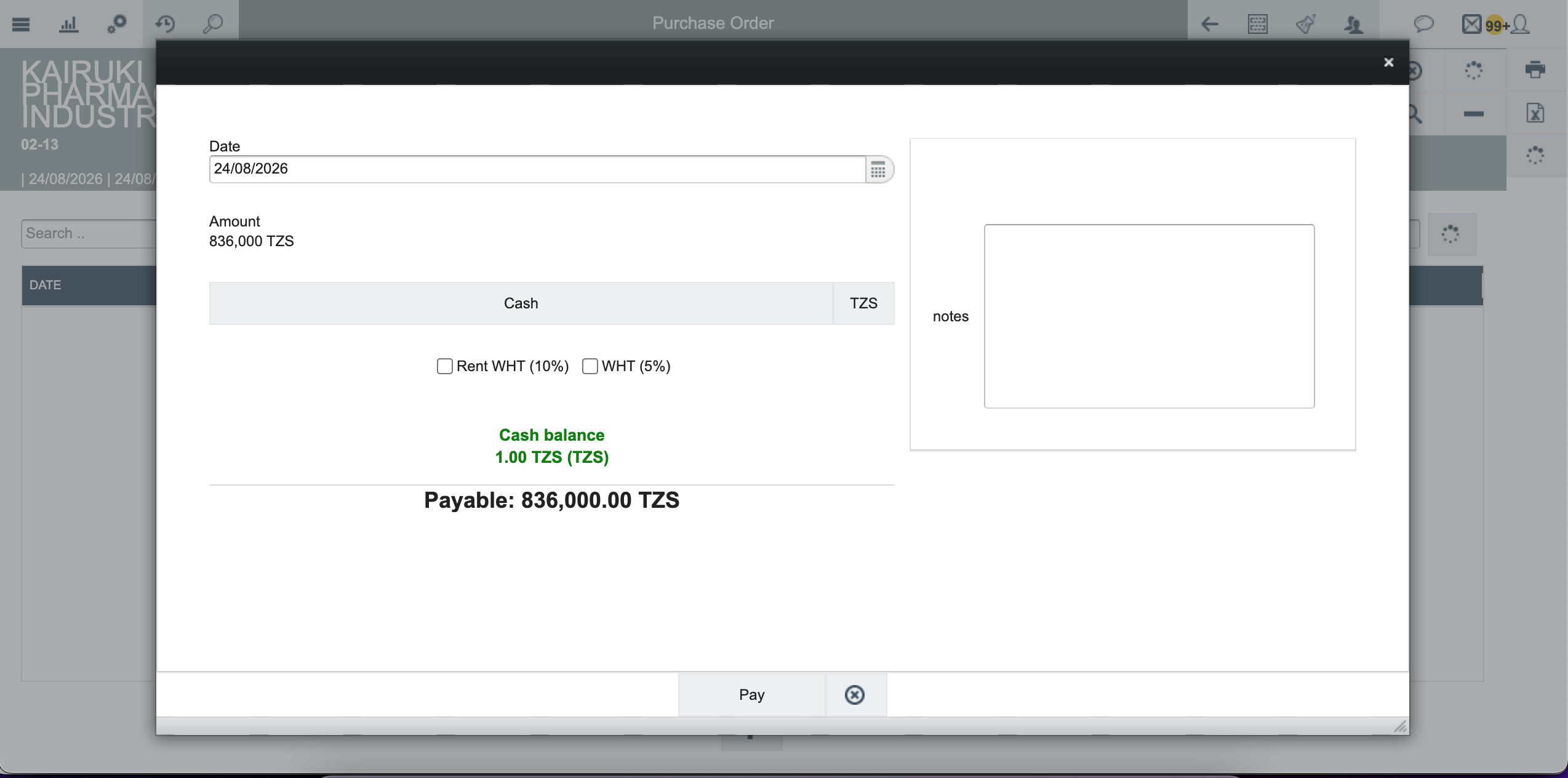 Payment confirmation screen with cash box selection