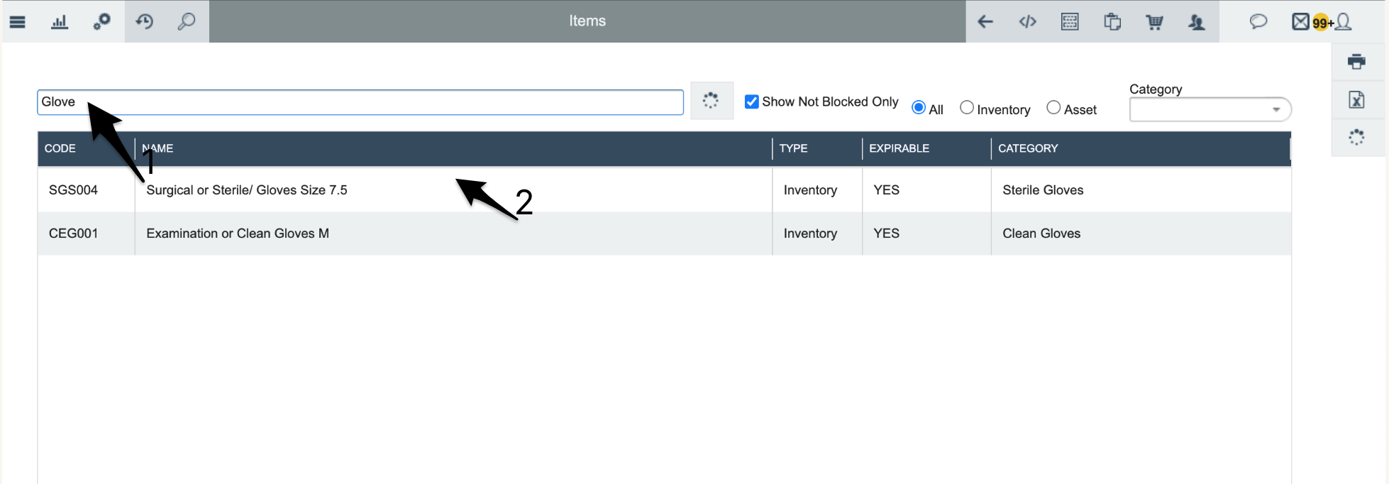 Search bar in the items list