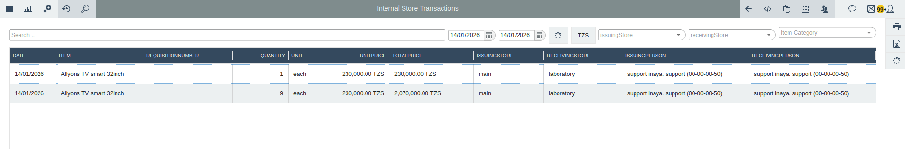 Internal store transactions report