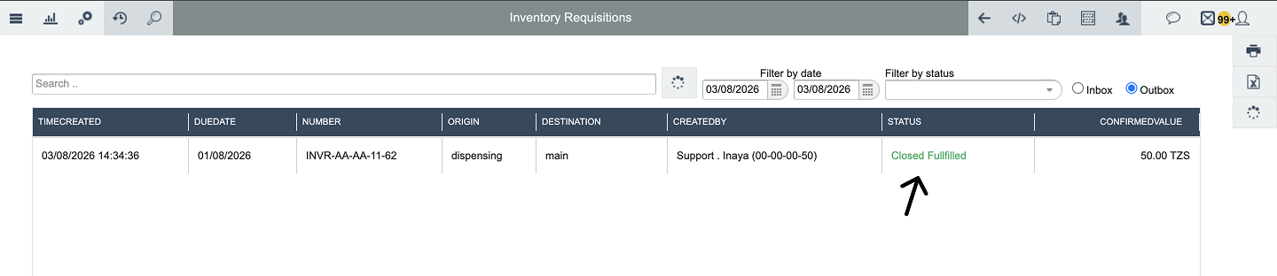 Inventory requisition closed fullfiled