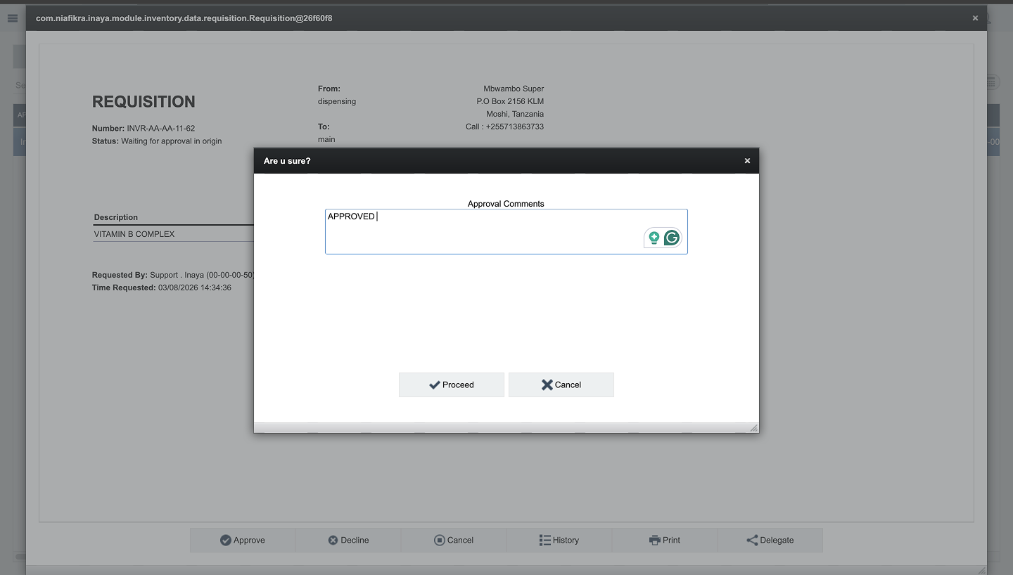 Inventory requisition comment