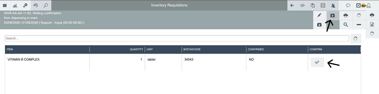 Inventory requisition waiting for confirmation