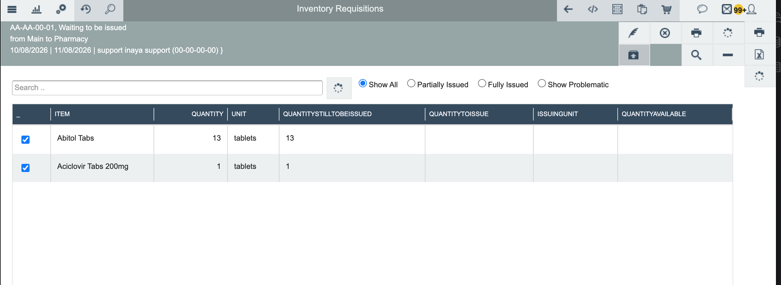 Open the requisition to issue items