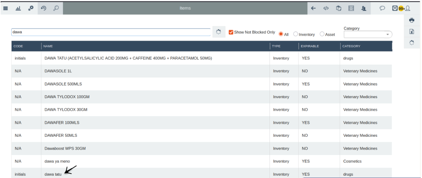 Item list panel used