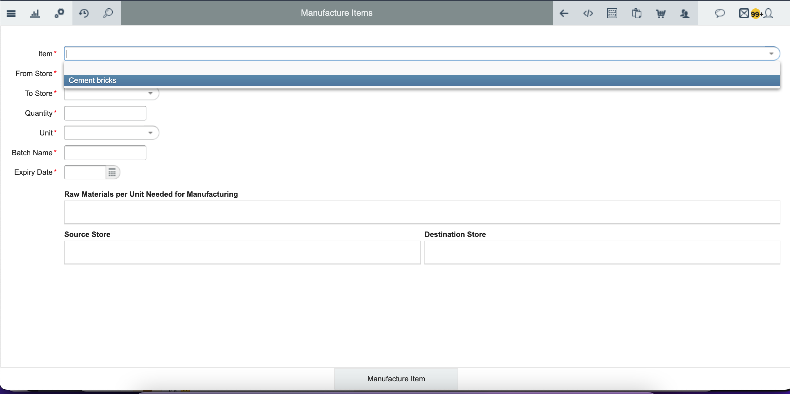 Manufacture Items transaction header Manufacture Items transaction header