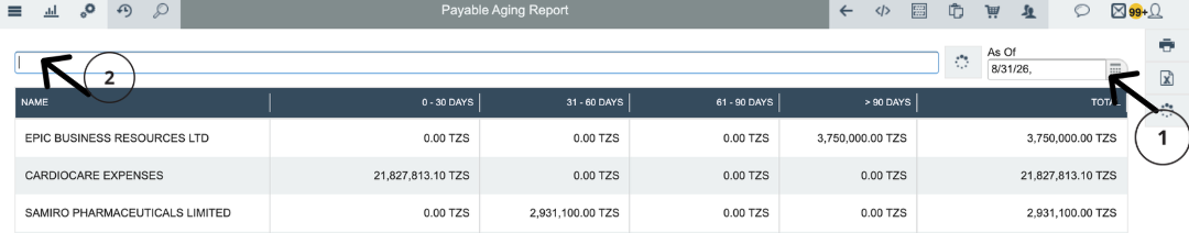 Payable Aging Report with As Of date
