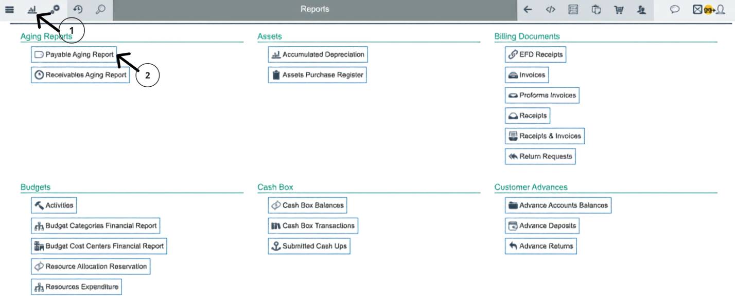 Reports menu showing Aging Reports option