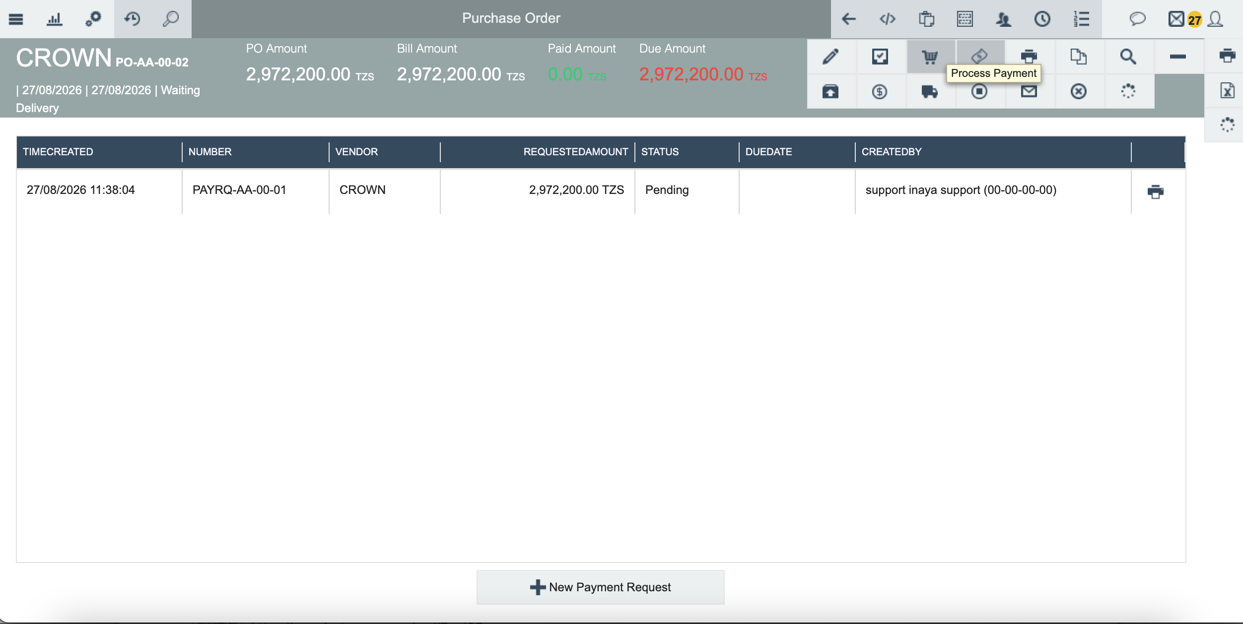 Payment Requests list showing a request with Pending status