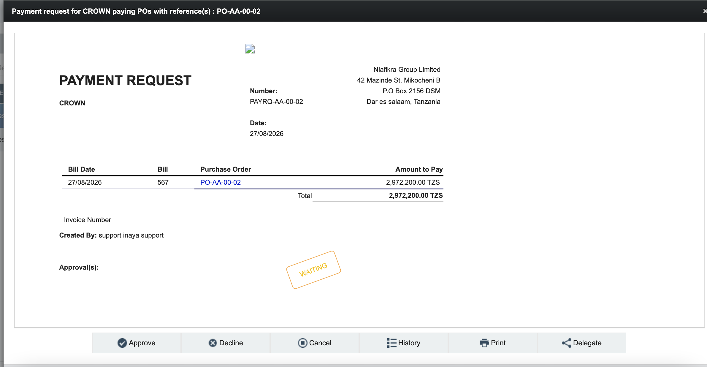Payment Request document showing Waiting stamp with Approve, Decline, Cancel, History, Print and Delegate options
