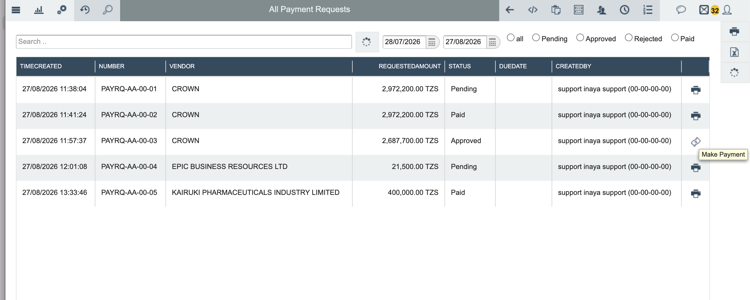 All Payment Requests list with status filters and a Make Payment icon on an approved request