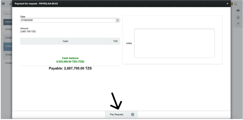 Payment for request screen showing cash balance and Pay Request button