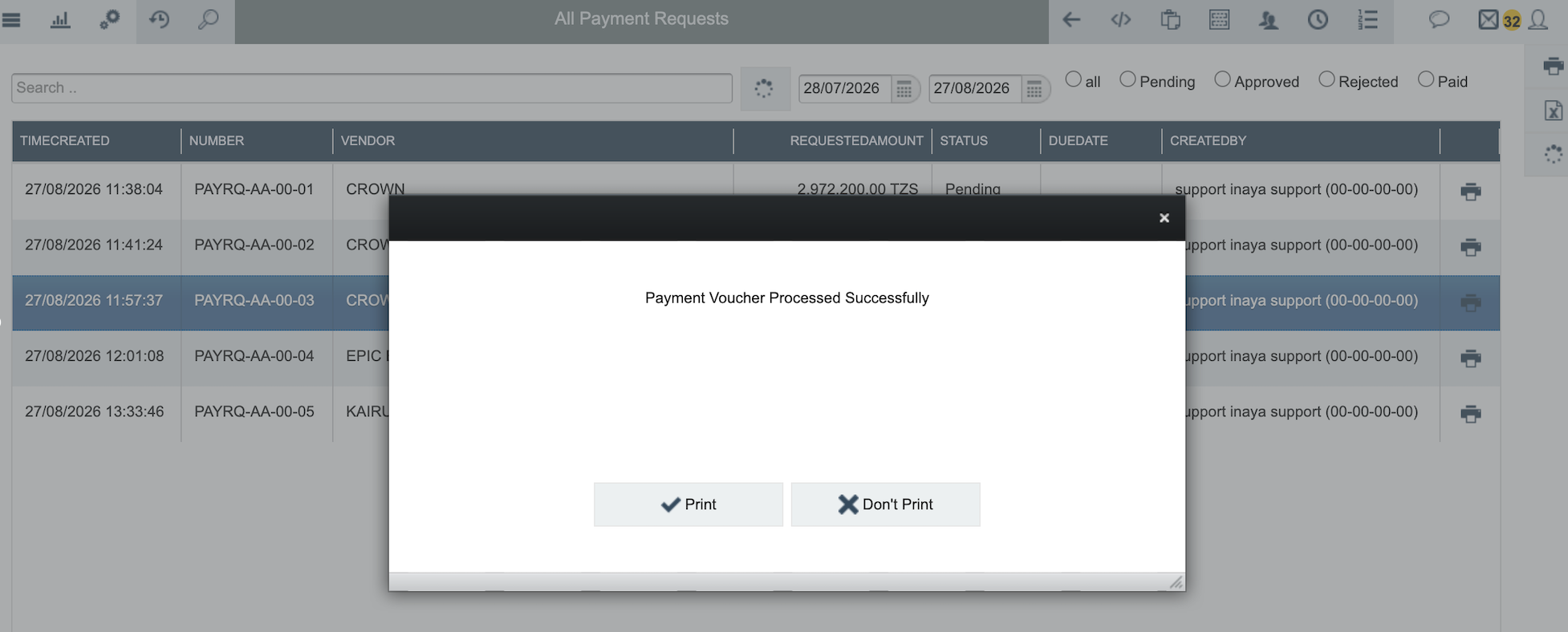 Payment Voucher Processed Successfully confirmation with Print and Don't Print options