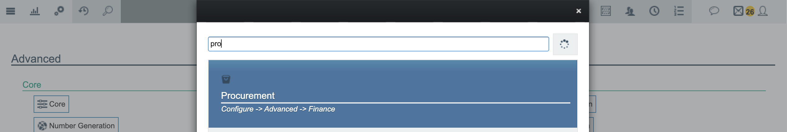 Search bar showing Procurement result
