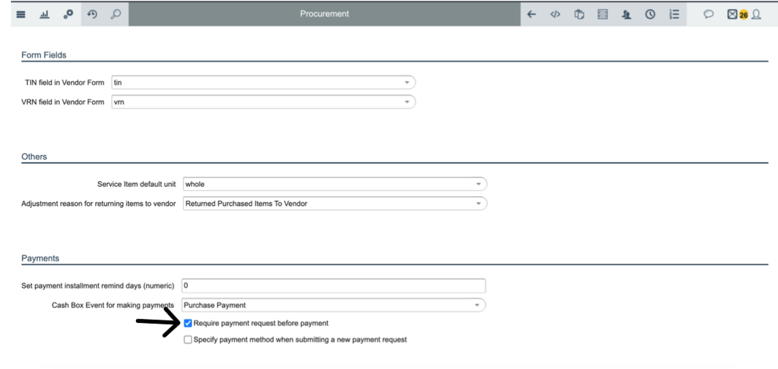 Payments section with Require payment request before payment checkbox ticked