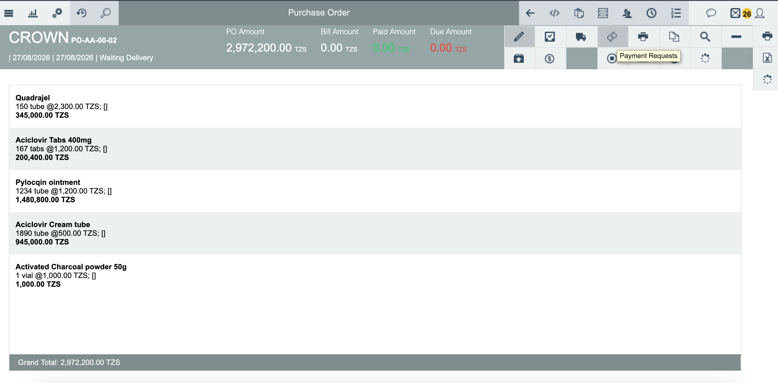 Error message stating there is no bill for this purchase order