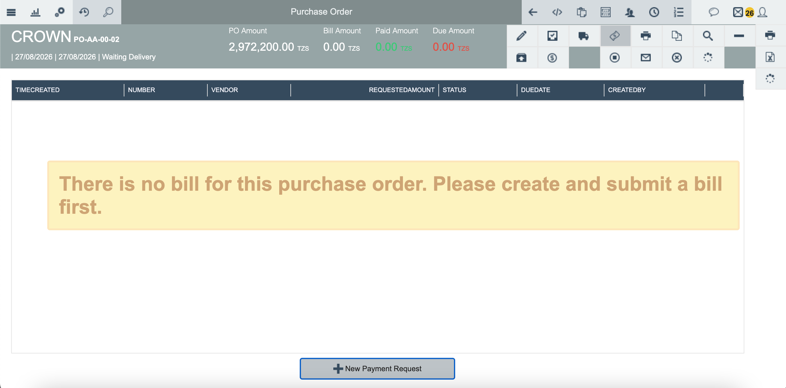 Error message stating there is no bill for this purchase order