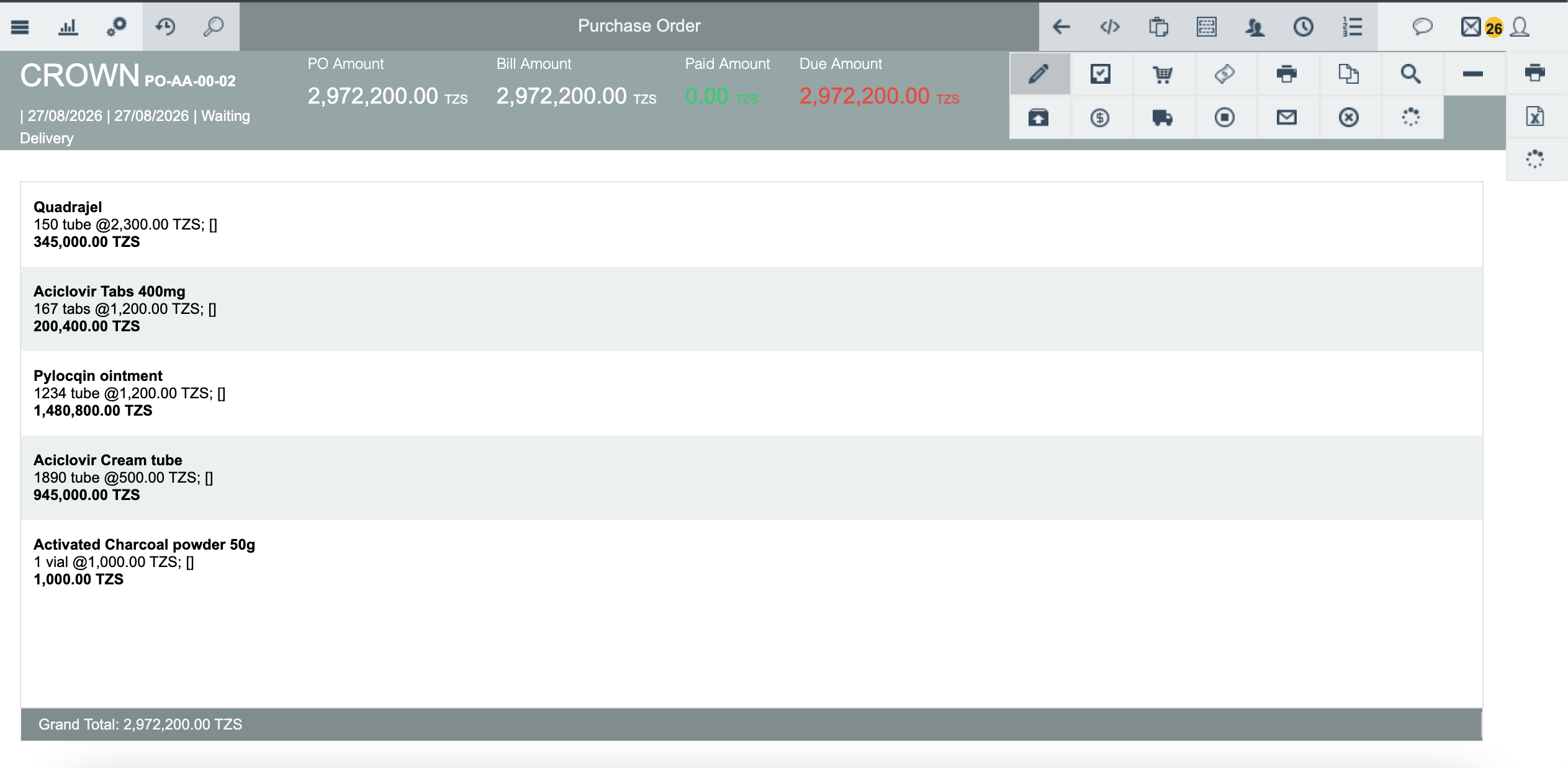 PO with Process Payment tooltip highlighted