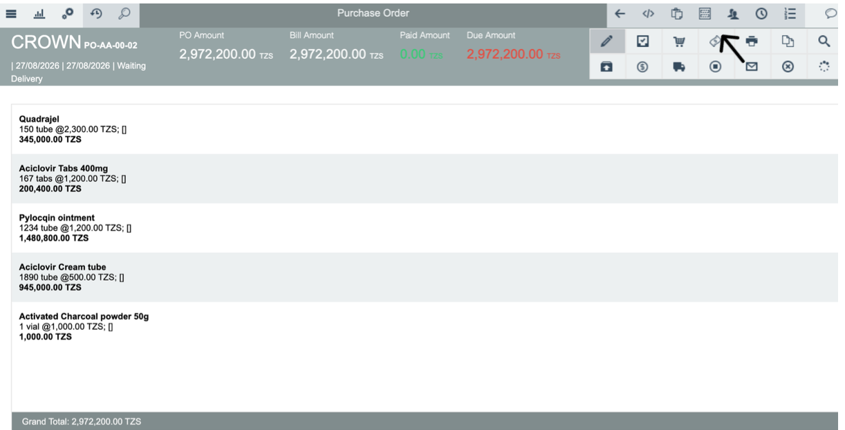 PO with Bill Amount and Due Amount populated, Process Payment icon visible
