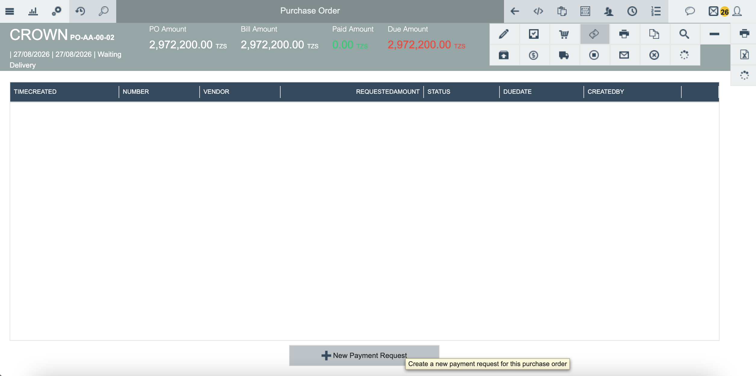 Payment Requests panel with New Payment Request button
