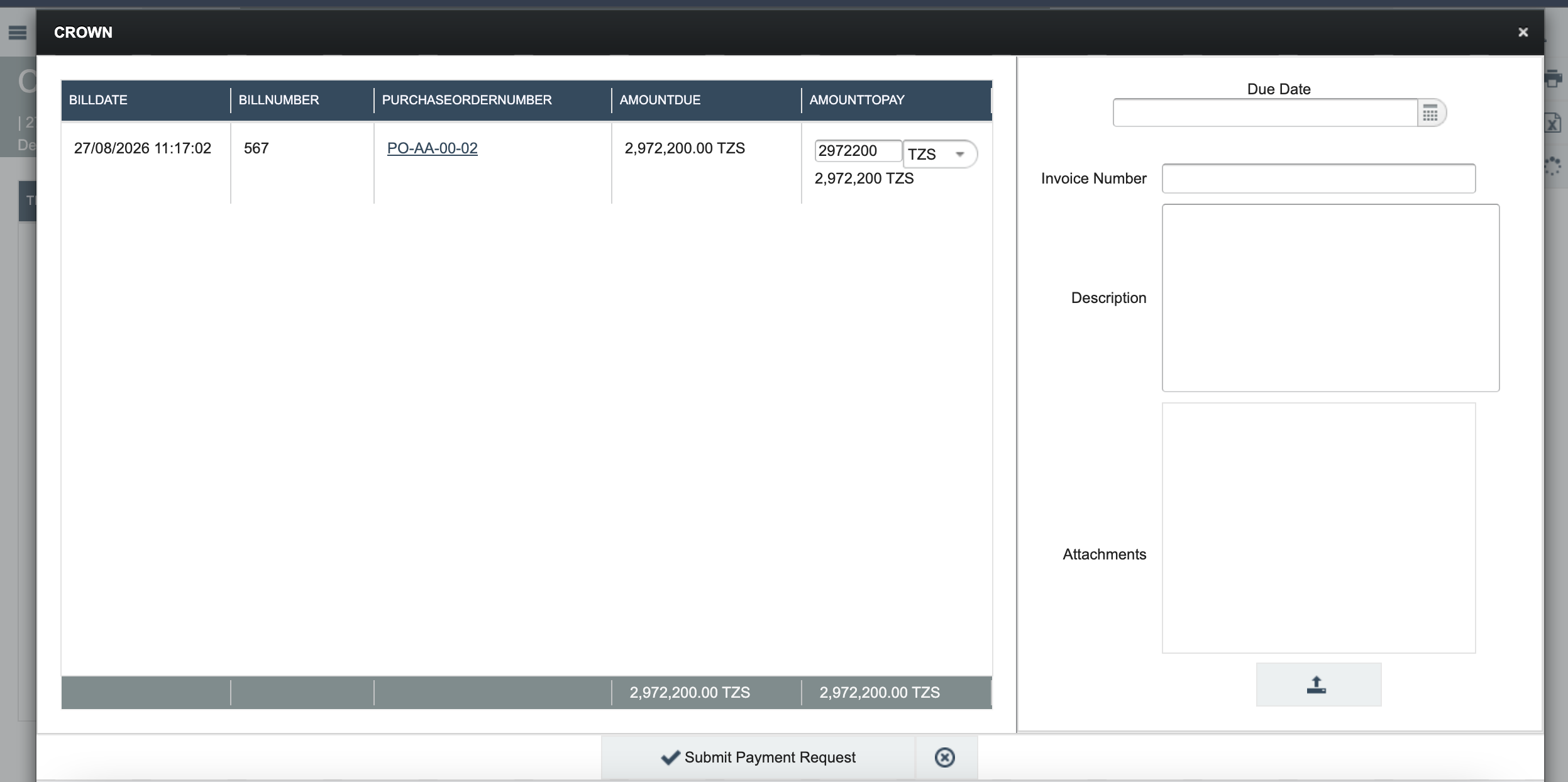 Payment request form with due date, invoice number, description and attachments