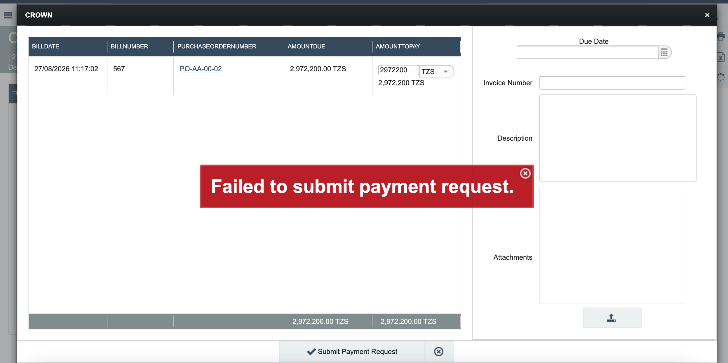 Failed to submit payment request error message